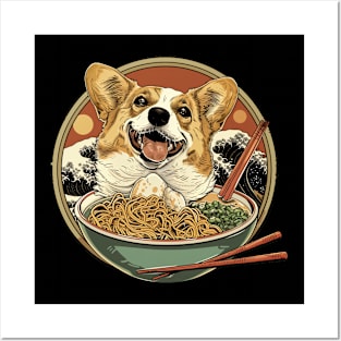 Corgi with Asian Ramen Noodles Posters and Art